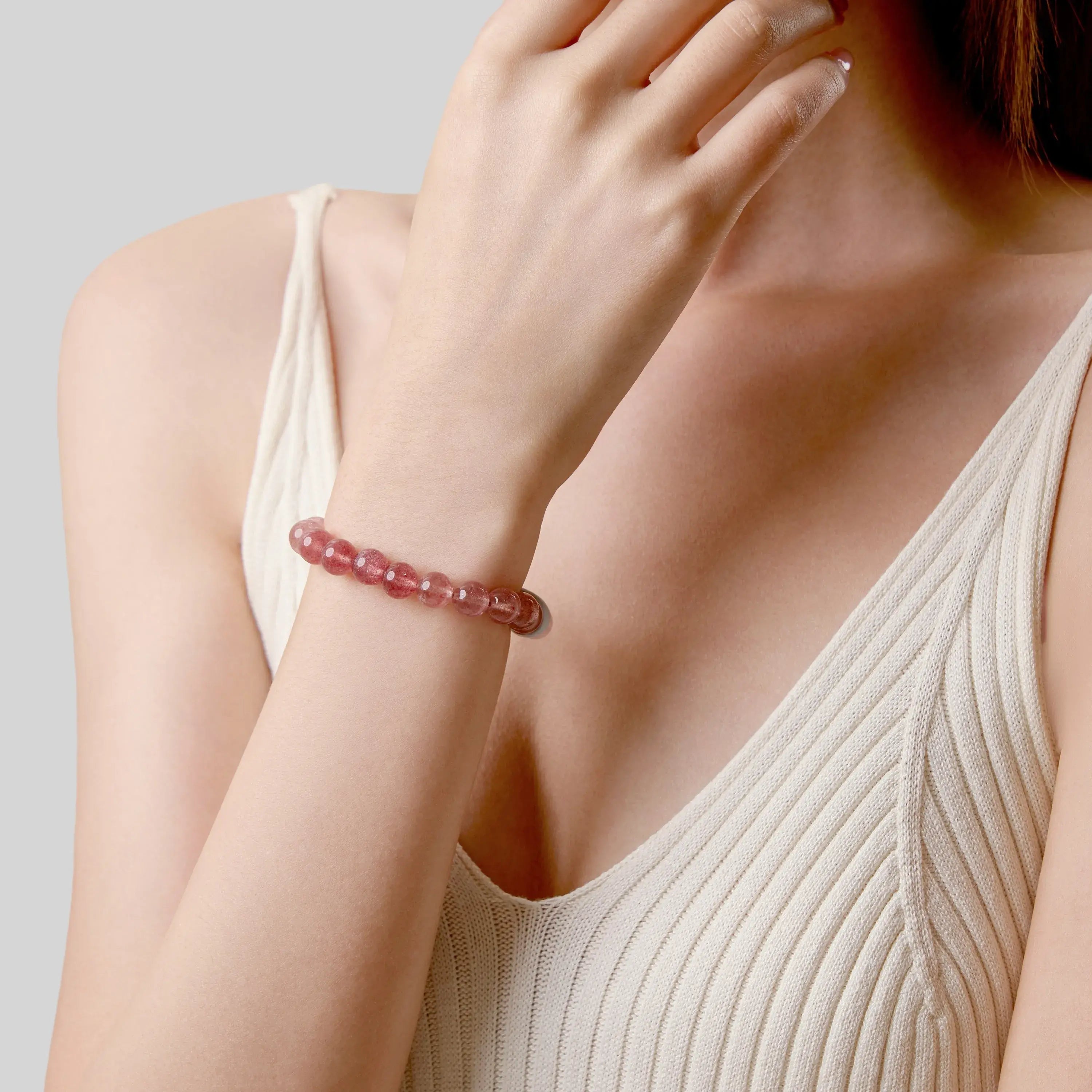 Strawberry Quartz Gradient Magnetic Clasp Bracelet (8mm) with magnetic clasp and natural gemstones, styling view