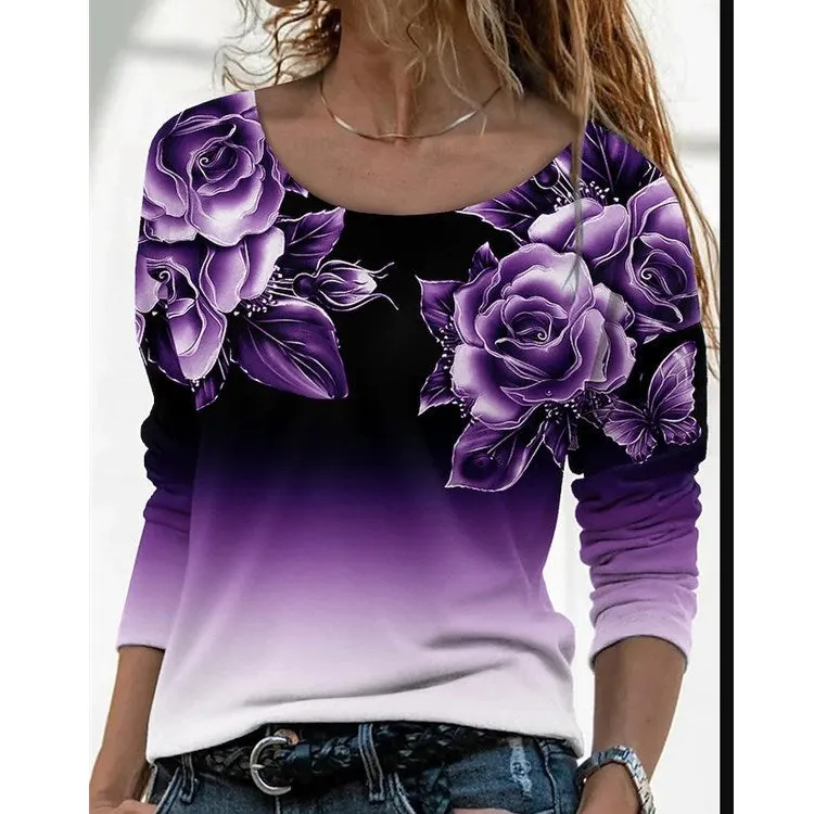 Brownm Long Digital Printing Sleeve Loose Neck Casual Pullover Print T-shirt