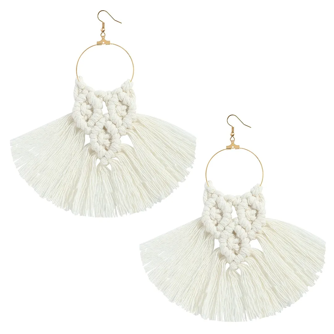 Dvacaman 2020 New Design Bohemian Leaf Shape Tassel Earrings For Women Fashion Weave Macrame Cotton Thread Earrings Drop Jewelry