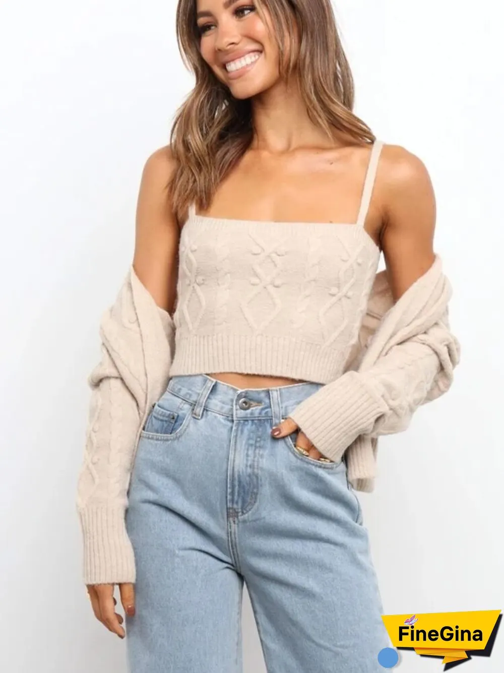 Autumn Winter New Sweater Set Women's Loose Knit Cardigan Coat Suspender Two-piece Set Temperament Commuter Clothing Cardigans