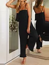 Spaghetti-Neck Falbala Backless Solid Color Casual Jumpsuit
