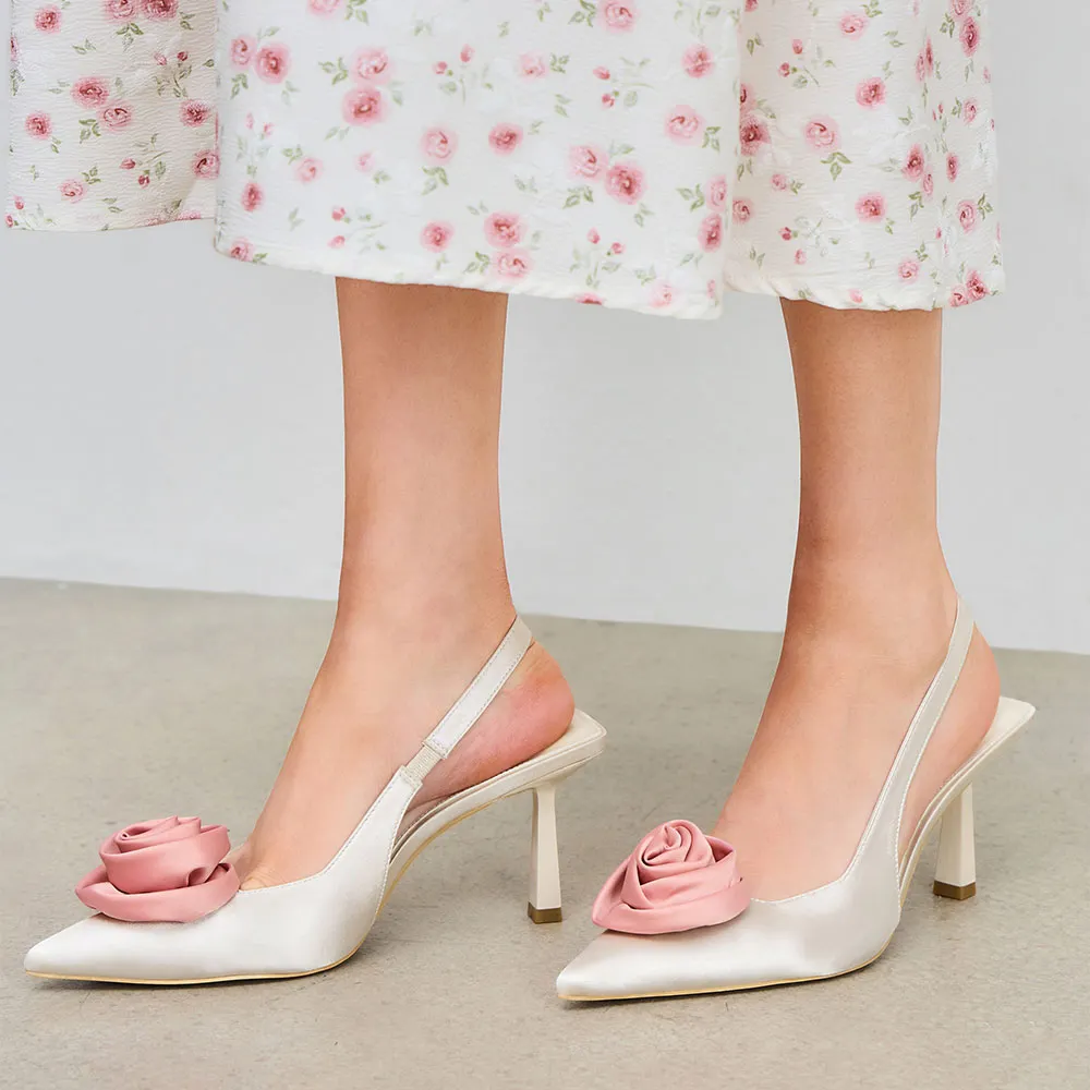 Elegant White Satin Rose Accent Pointed Toe Slingback Wedding Heels