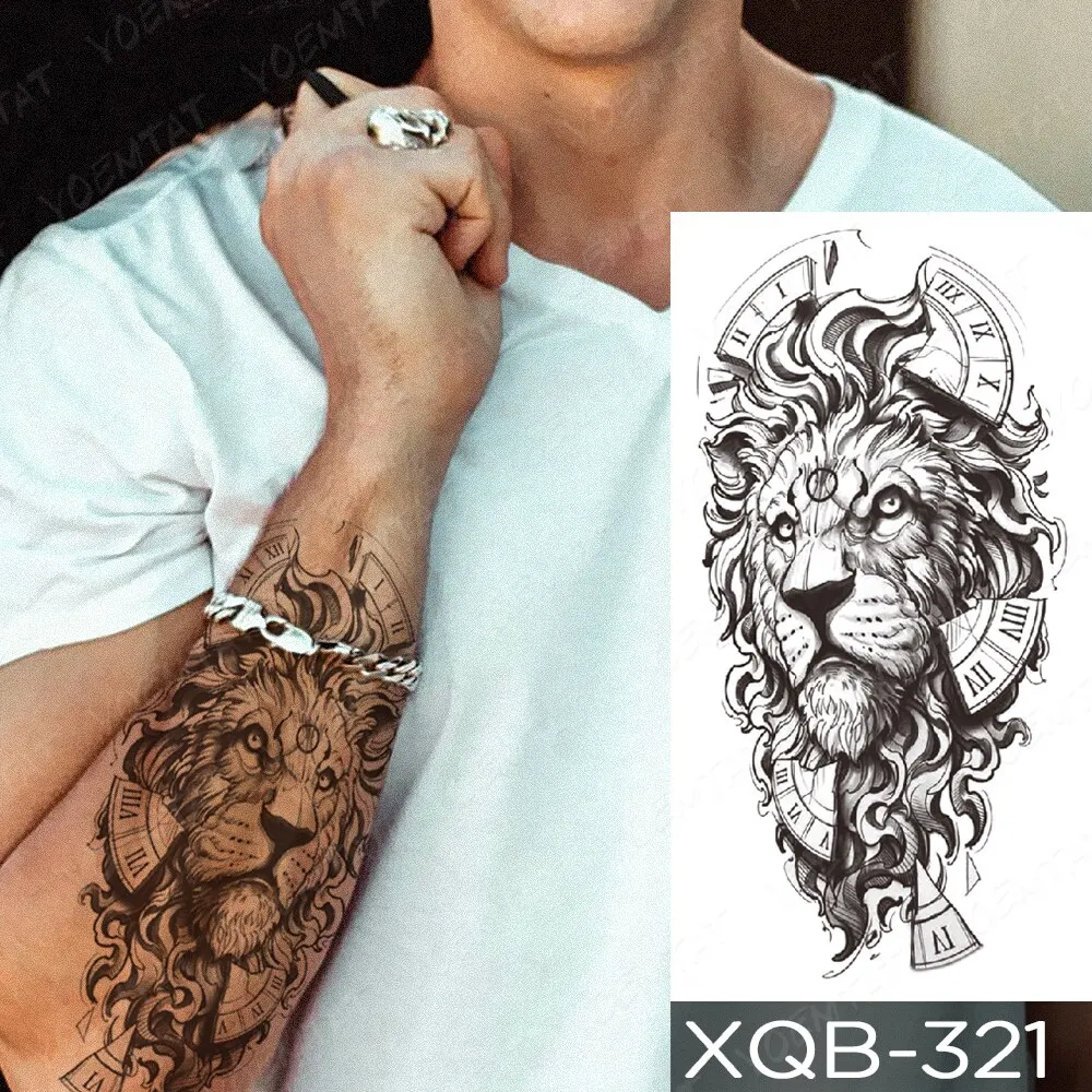 Sdrawing Temporary Tattoo Stickers Fox Lion Tiger Wolf Peony Rose Flowers Leaf Flash Tatto Women Men Body Art Arm Fake Tattoos