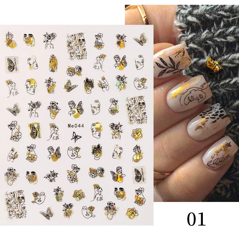 1 Pc 3D Nail Stickers Leaves Sliders for Nails Gold White Bronzing Flowers Gradient Adhesive Sticker Nail Design Art Decorations-Nail Inspo