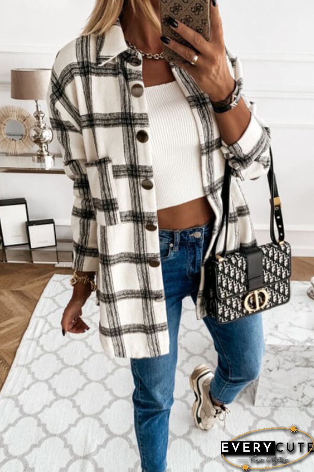 Fashion Casual Plaid Splicing Button Pocket Shirt
