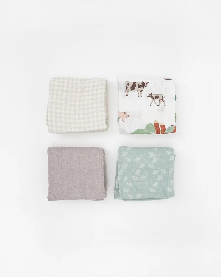 Cotton Muslin Squares 4 Pack - Farmyard