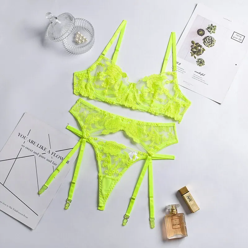 Billionm Lace Lingerie Set 3 Pieces Push Up Bra with Bone Panties Sensual Women's Underwear Floral Embroidery Erotic Costumes Femme Sex