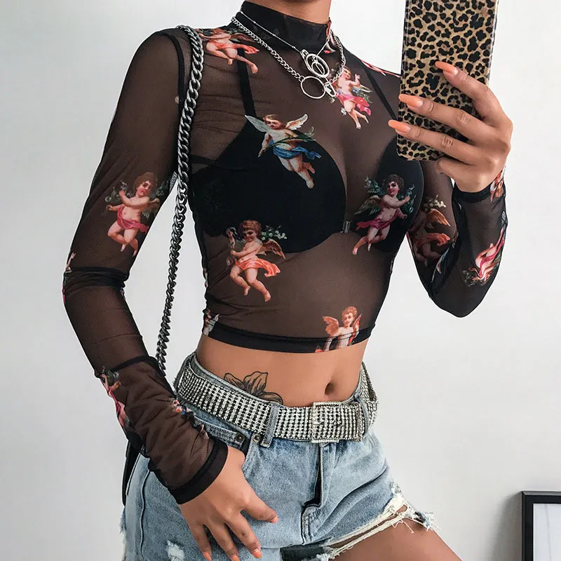 Churchf Churchf Sleeve Cupid Print T-Shirt Girl Autumn Burst Half High Collar Mesh Crop Street Top Girl