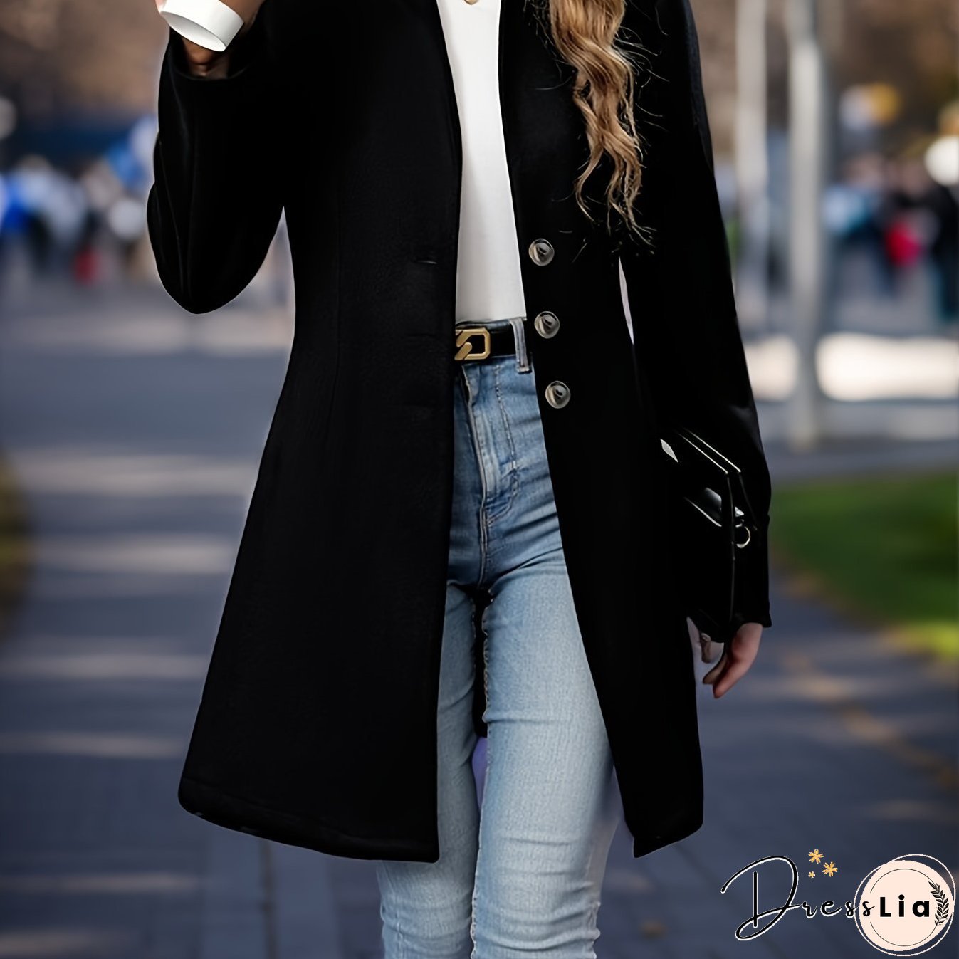 Solid Button Front Tunic Overcoat, Elegant Long Sleeve Winter Outwear, Women's Clothing