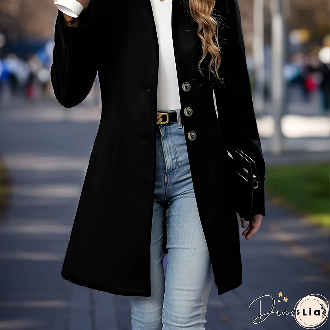 Solid Button Front Tunic Overcoat, Elegant Long Sleeve Winter Outwear, Women's Clothing