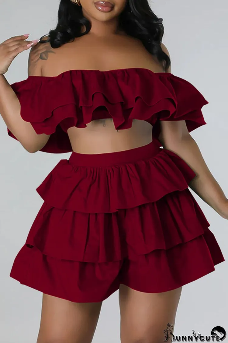 Burgundy Sexy Street Solid Patchwork Flounce Off the Shoulder Short Sleeve Two Pieces
