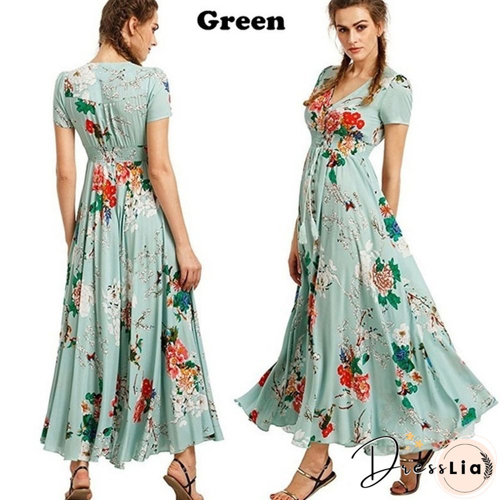 Summer Fashion Womens Bohemian V Neck Print Big Swing Long Dress Plus Size