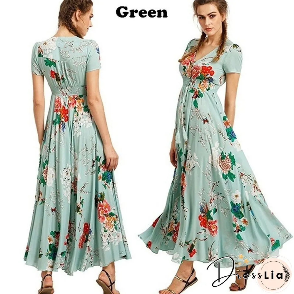 Summer Fashion Womens Bohemian V Neck Print Big Swing Long Dress Plus Size