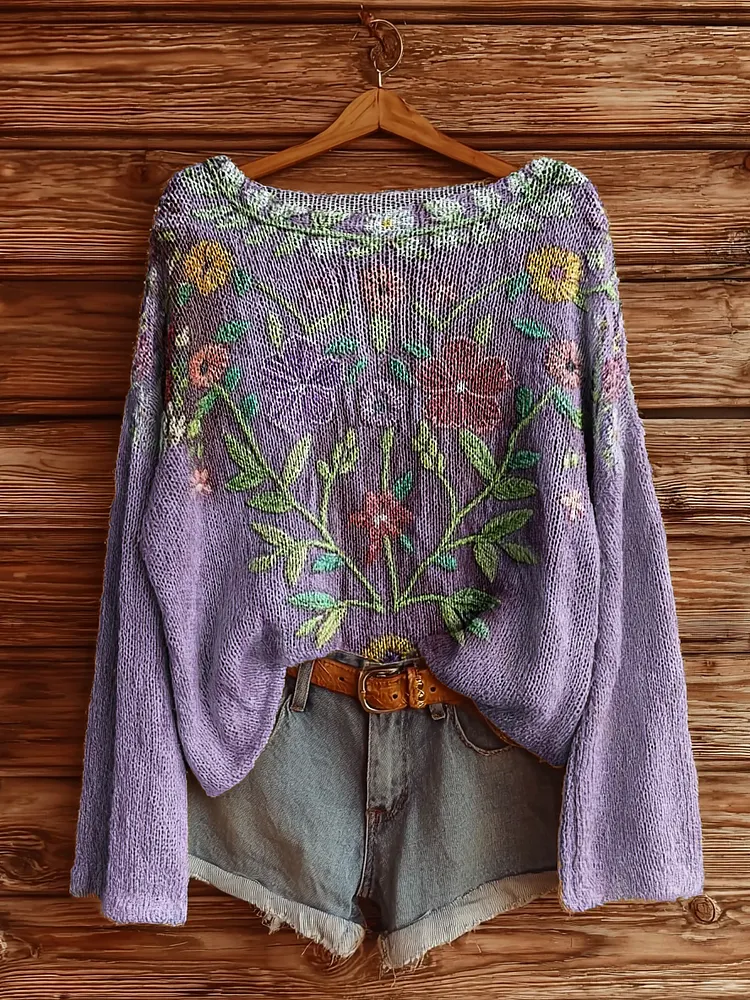 Women's Vintage Ethnic Floral Art Print Casual Pullover Sweater