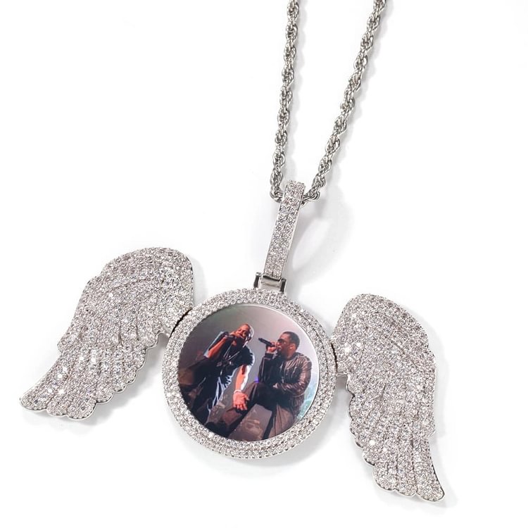Iced Custom Photos Round Pendants With Angel Wings For Men Hip Hop Bling Bling Necklaces