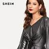 SHEIN Silver Knot Detail Ruffle Hem Metallic Womens Tops 2019 Spring Fashion V Neck Flounce Sleeve Glamorous Casual Solid Blouse