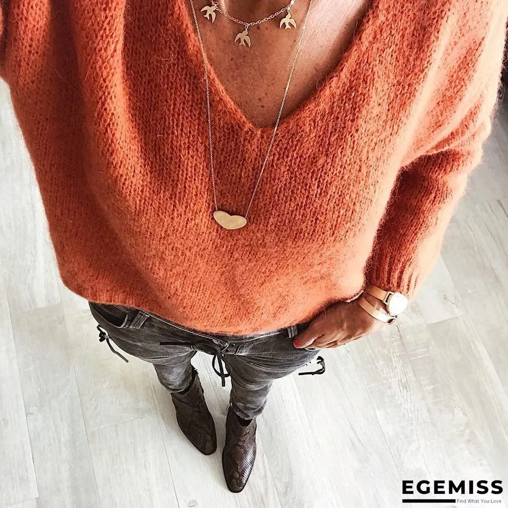 Woman Wool blend Casual V Neck Plain Sweater | EGEMISS