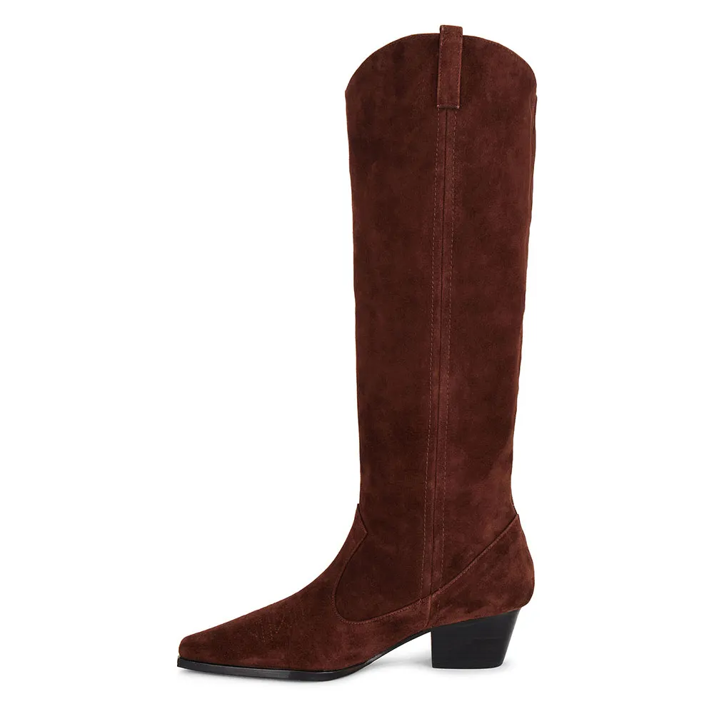 Dark Brown Vegan Suede Pointed Toe Chunky Heel Knee High Cowgirl Boots