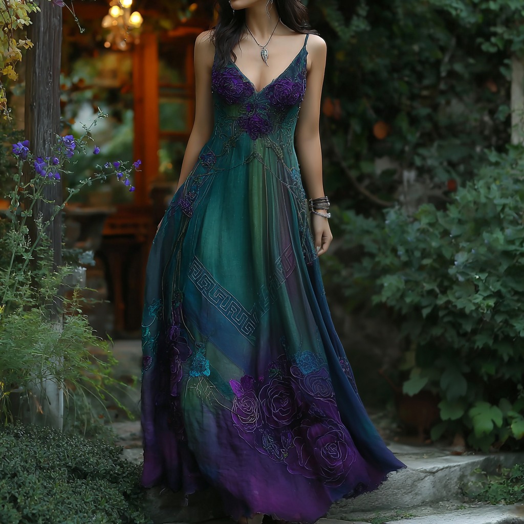 Women's Vintage Floral Embroidery Gradient Pattern  Maxi Dress elevenforest
