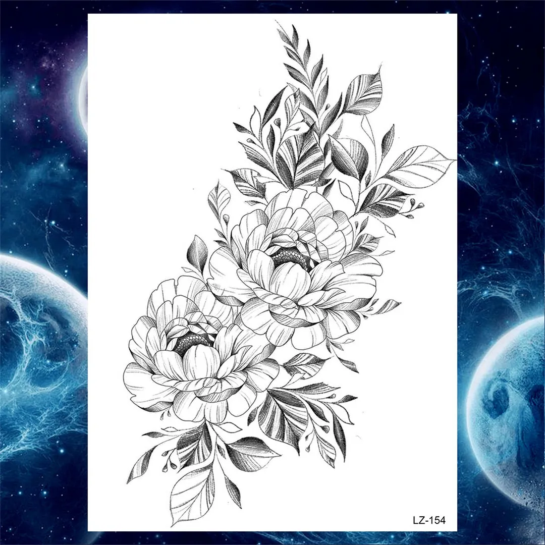 Flower Compass Temporary Tattoo For Women Girls Adult Rose Peony Tattoos Sticker Fake Black Floral Body Art Thigh Tatoos Paper