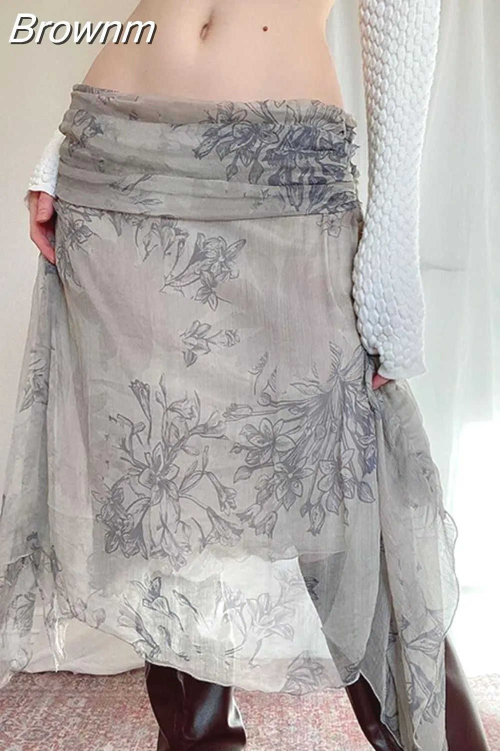 Brownm Grunge Fairycore Low Waist Midi Skirts Vintage Floral Print Skirt Cyber Y2K Aesthetic Clothes Long Skirt Women Summer