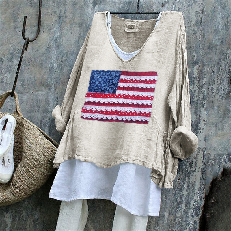 American Flag Fiber Art Patch Linen Tunic