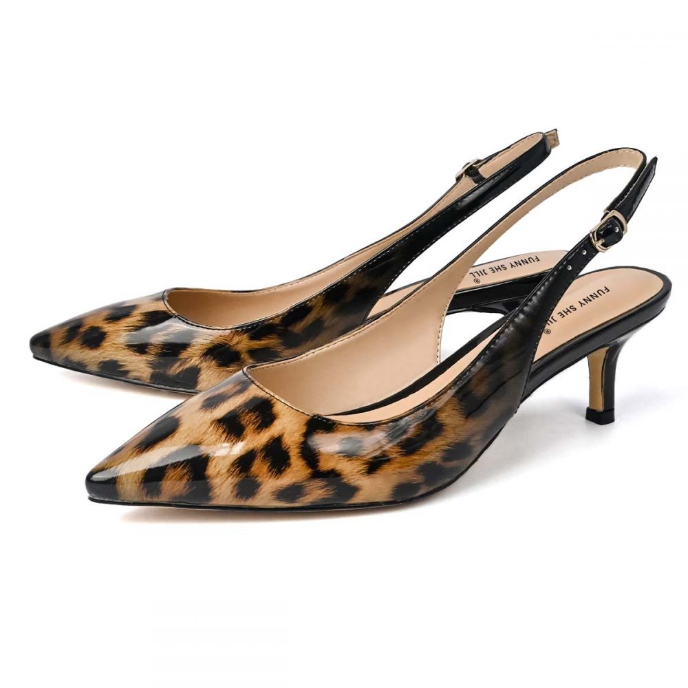 Brown Leopard Print Glossy Pointed Toe Buckle Slingback Kitten Heels Nicepairs