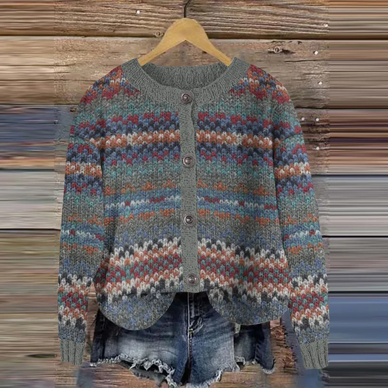 Vintage Icelandic Geometric Contrast Knitted Sweater Cardigan