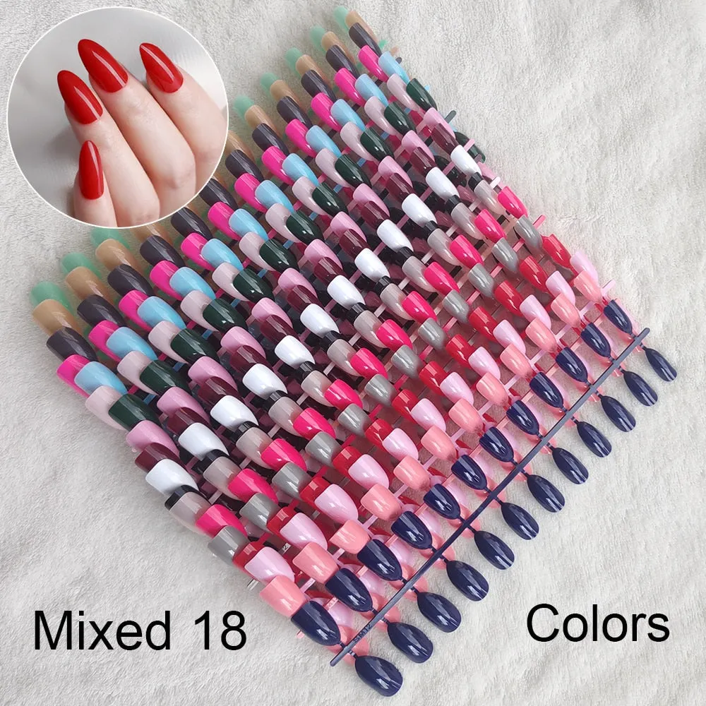 432pcs/pack Mixed 18 Colors Full Cover Stiletto Nails Almond Fake Nails Acrylic mountain peak Sharp Ending False Nail Art Tips-Nail Inspo