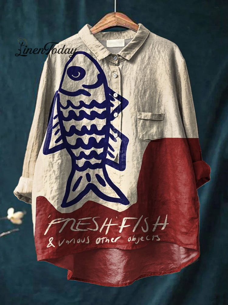 Women&rsquo;s Vintage Fish Art Print Casual Cotton And Linen Shirt Multicolor / S