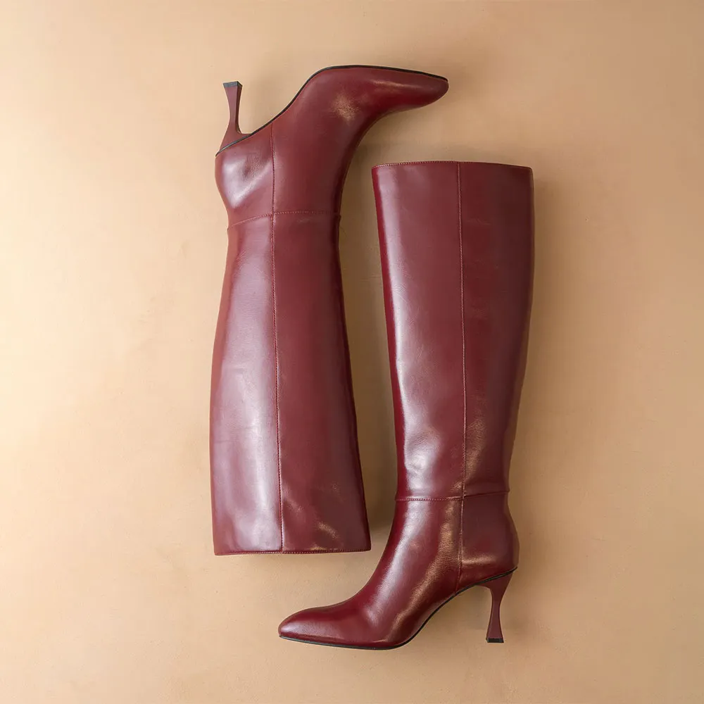 Women's Maroon Pointed Toe Chic Pull On Knee High Heeled Boots