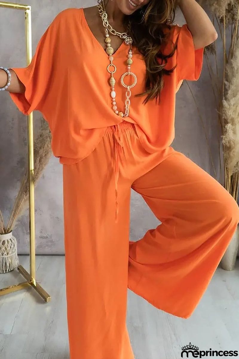 V Neck Bat Blouse Pants Set
