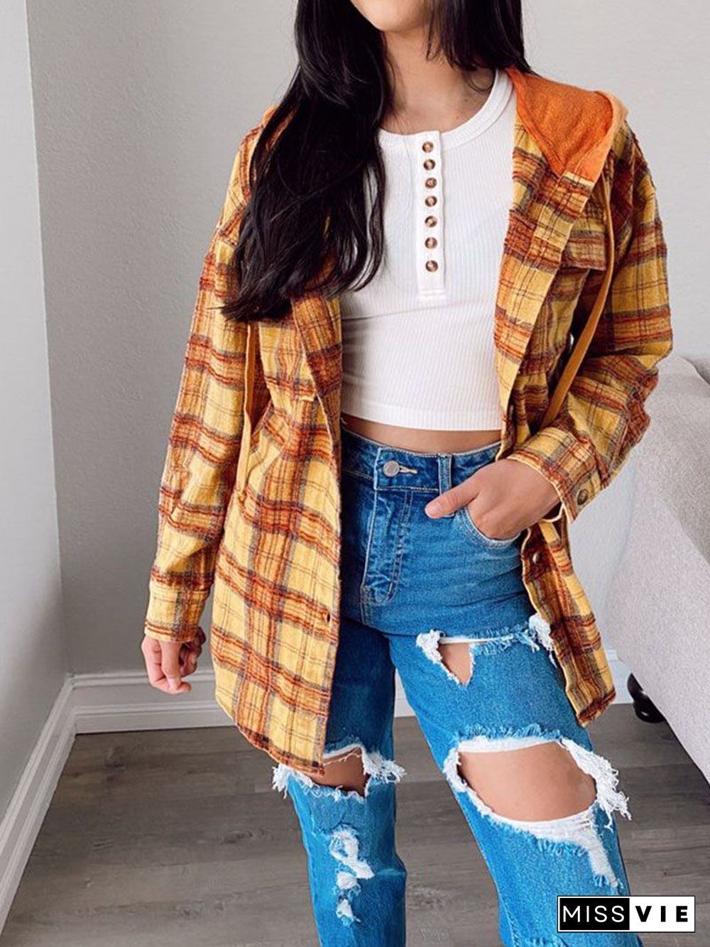 Oversizd Fit Button Up Hoodies Casual Multi Colored Hooded Flannel Shirt