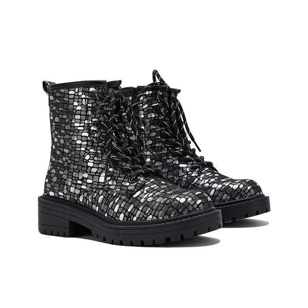 Women Sexy Sequin Lace-Up Ankle Chunky Heel Boots