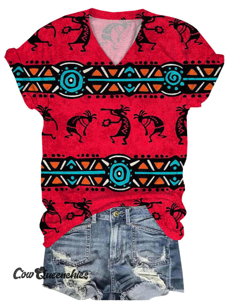 Women&rsquo;s Vintage Print V-neck Casual T-Shirt Multicolor / S