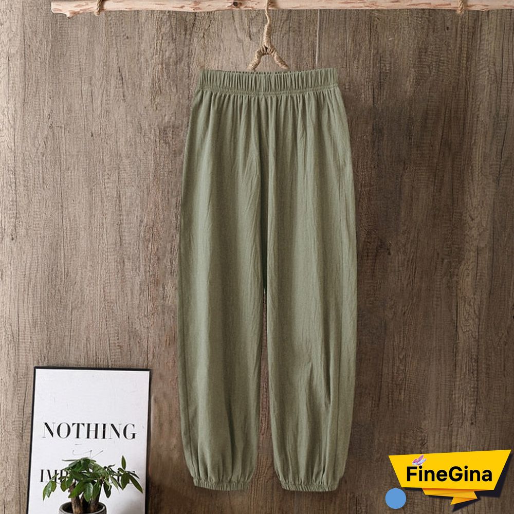 Casual Style Cotton Linen Pants Women Spring Summer New Elastic Waist Solid Basic Retro Loose Women's Harem Pants Trousers