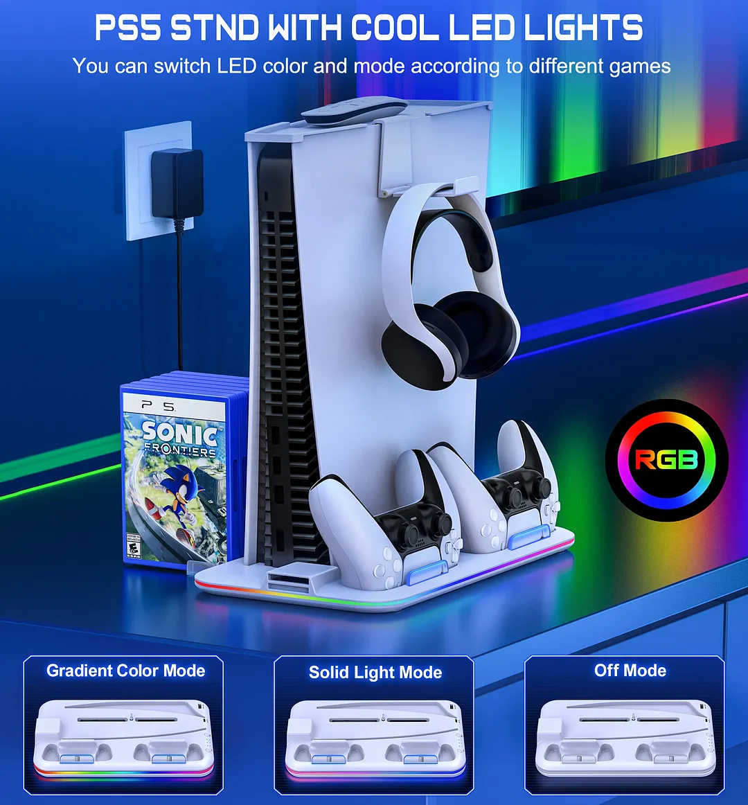 DinoFire PS5 Cooling Station with RGB PS5 Vertical Stand with Suction Cooling Fan for Playstation 5 Accessories,PS5 Controller Charger with Dual Charging Station & Headset Holder-White