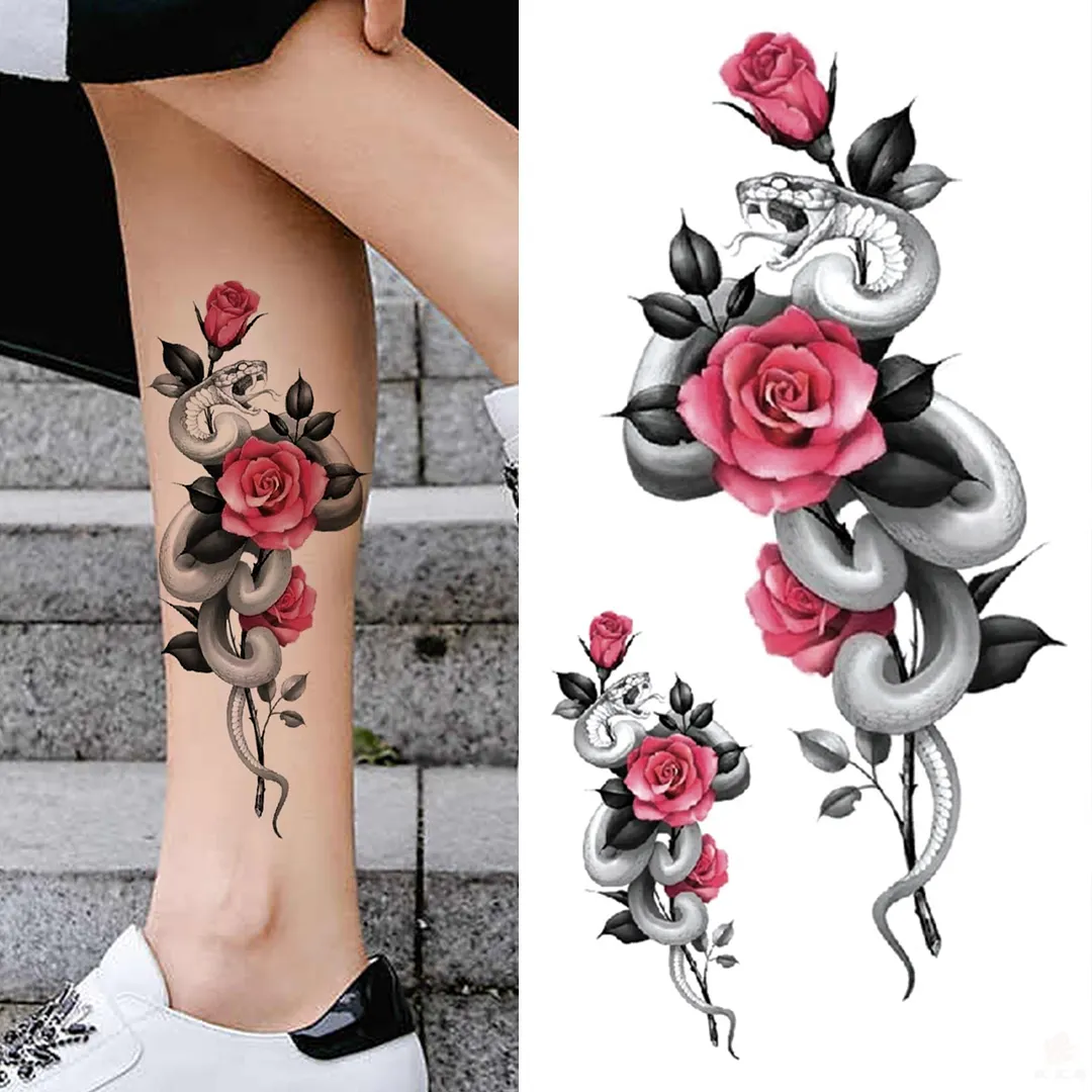 3D Snake Rose Temporary Tattoos For Women Girls Fake Flower Tattoo Sticker Black Death Eaters Dark Mark Mamba Snake Peony Tatoos 515-1