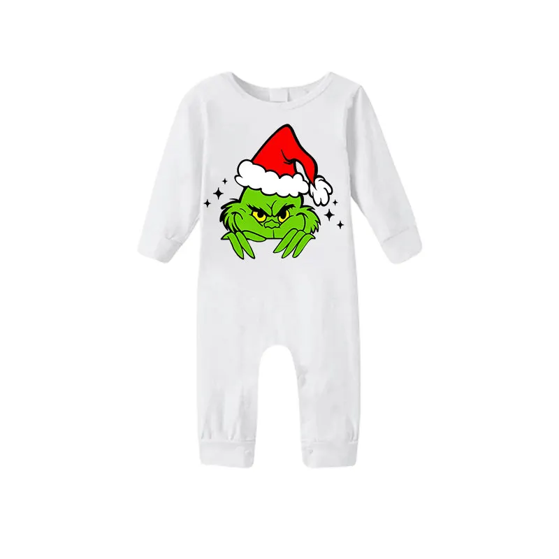 Christmas Cute Green Cartoon Pattern 2024 White Long Sleeve with White&Red&Green Plaid Pants Family Matching Pajamas