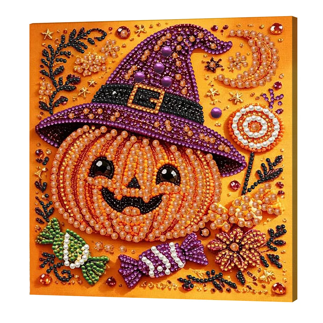 Pumpkin Witch Framed DIY Pearl Painting Kits for Adults with Frame