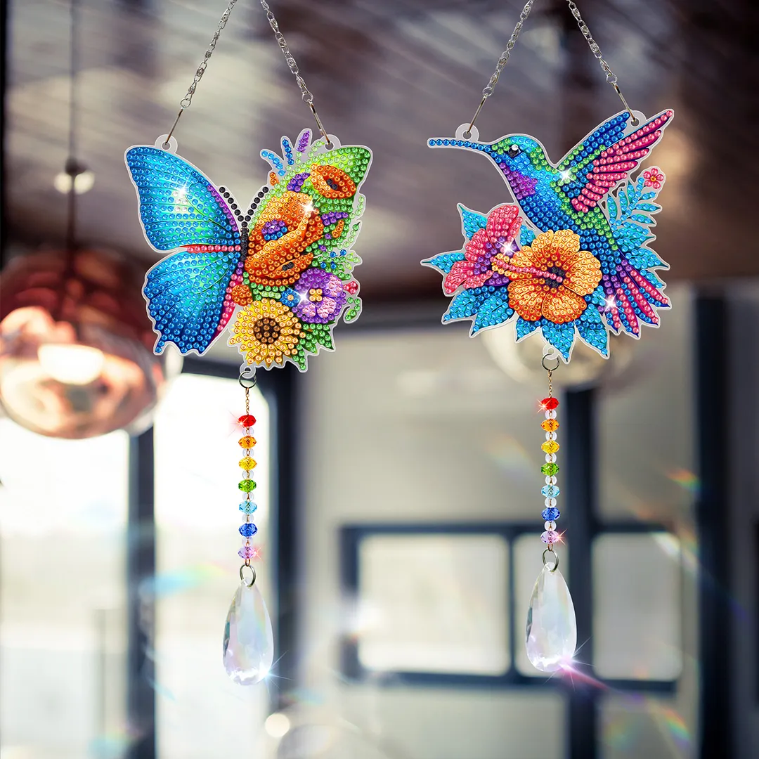 2Pcs Butterfly Hummingbird DIY Double-Sided Diamond Painting Hanging Kits Diamond Painting Suncatcher Craft Kit for Home Garden Wall Decor Gift