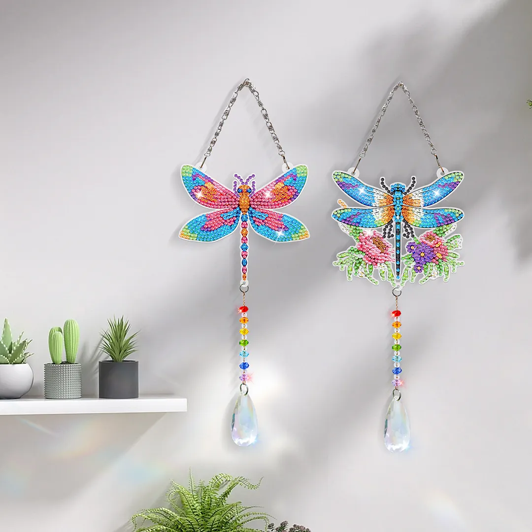 2Pcs Dragonfly DIY Acrylic Diamond Painting Art Wind Chimes with Crystal Pendant Diamond Art Hanging Pendant Double-Sided for Adults Beginners Gift Home Garden Decor