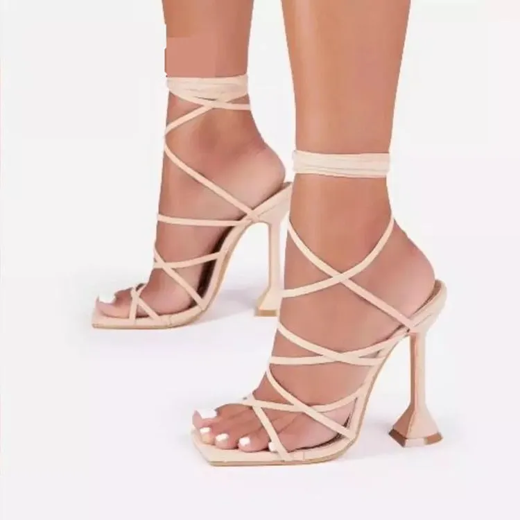 whnb 2021 New Summer Sexy Lace Up Women Sandals Square Toe Spike Heel Cross Tied Party Shoes High Heels Pumps