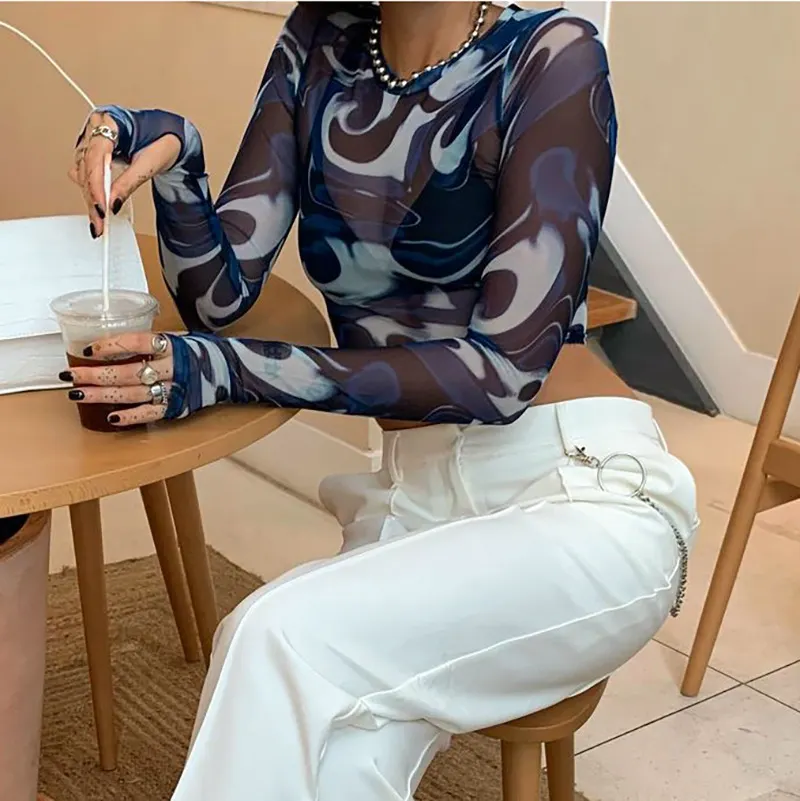 Churchf Spring New Round Collar Cover Print Open-Umbil Umbilical Cover Finger Long-Sleeved Casual Women's Top Sales