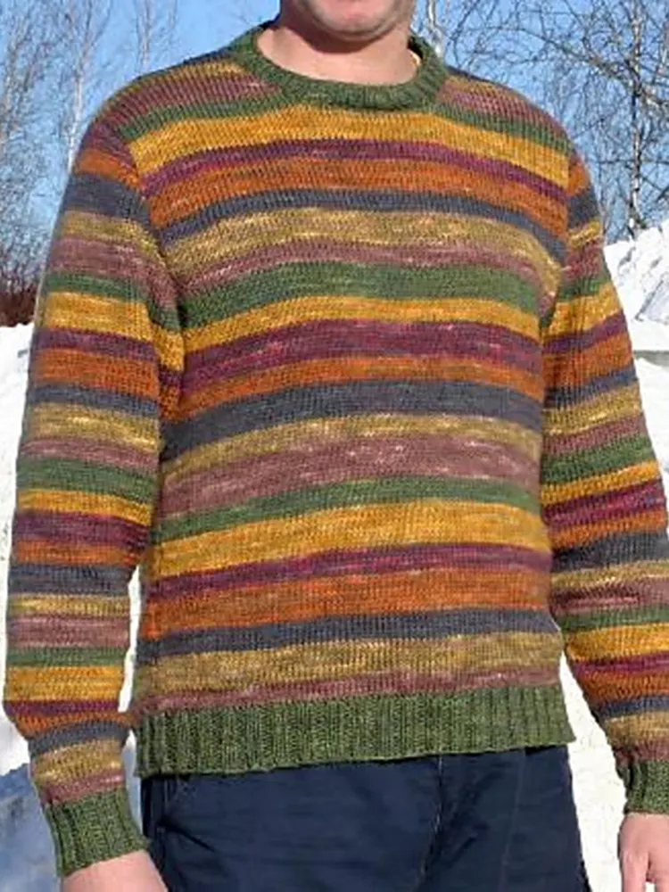 Vintage Colorful Striped Knitted Jacquard Iceland Crew Neck Sweater