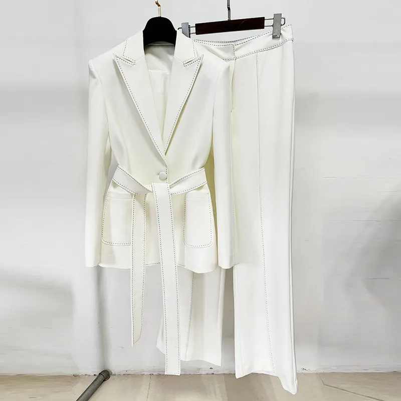 Nigikala Nigikala New Star Fashion Beads Edge Trim Belt Suit Trousers Set Two-Piece Set