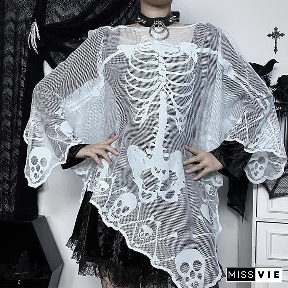 Halloween Gothic Skeleton Skull Print Lace Cloak
