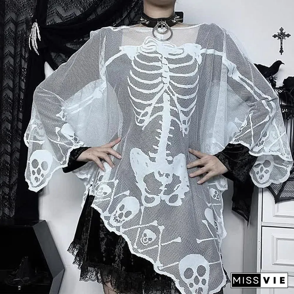 Halloween Gothic Skeleton Skull Print Lace Cloak