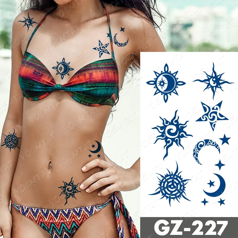 Juice Lasting Waterproof Temporary Tattoo Sticker Rose Butterfly Moon Sun Diamond Heartbeat Wave Flash Fake Tattoos Ink Body Art