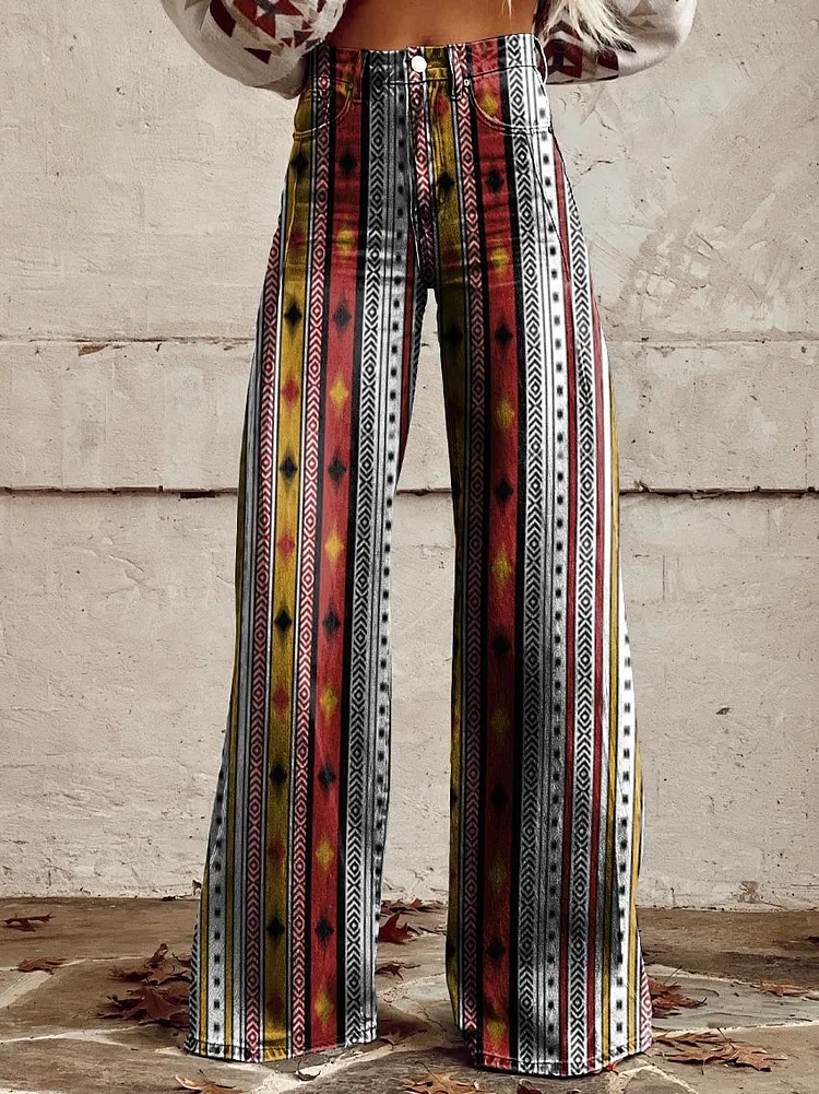 Women's Aztec Stripes Print Casual Wide Leg Pants